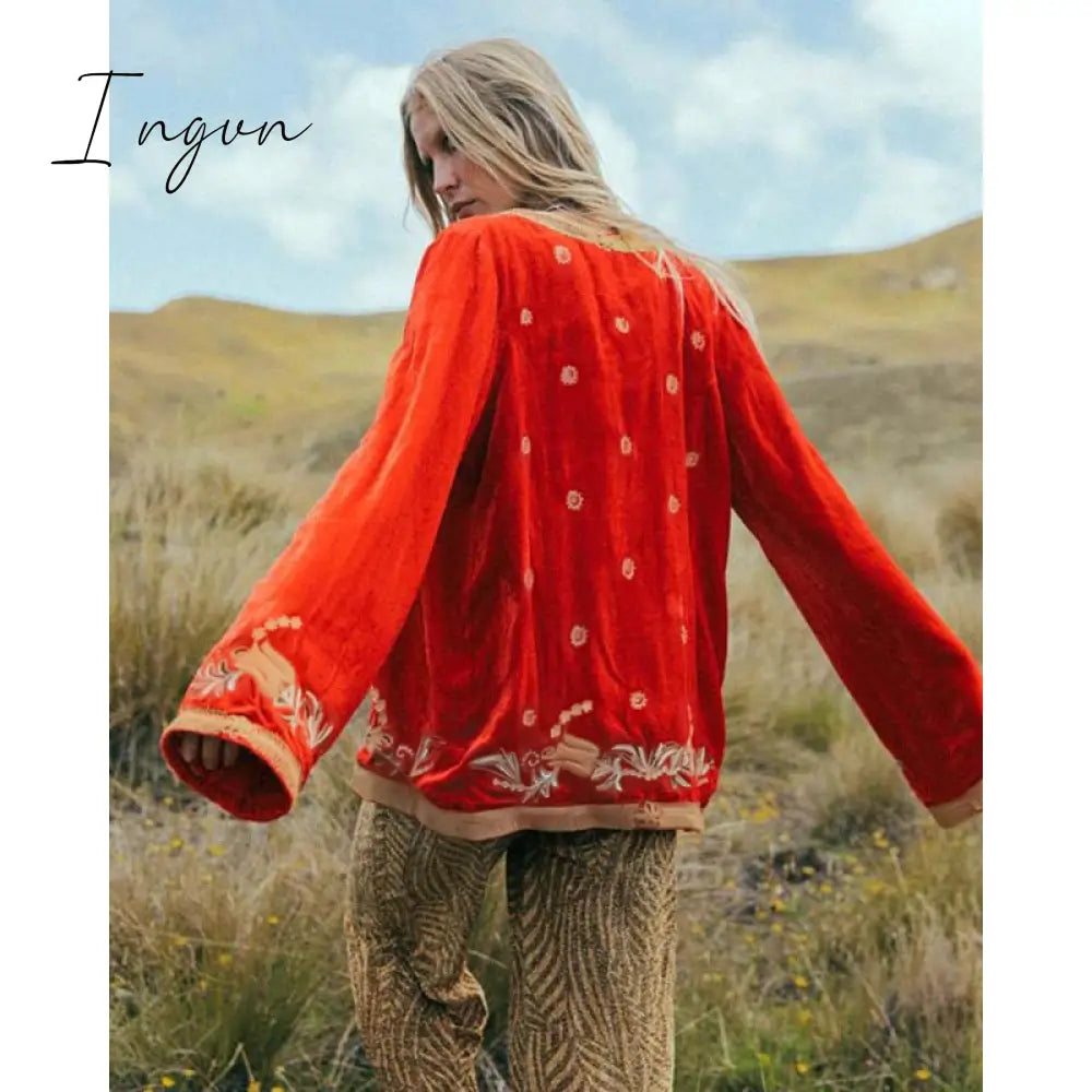 Ingvn - Ladies Velvet Print Cardigan Red Coat Long Sleeve Palace Style Fashion Vintage Fall Casual