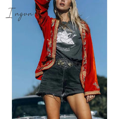 Ingvn - Ladies Velvet Print Cardigan Red Coat Long Sleeve Palace Style Fashion Vintage Fall Casual