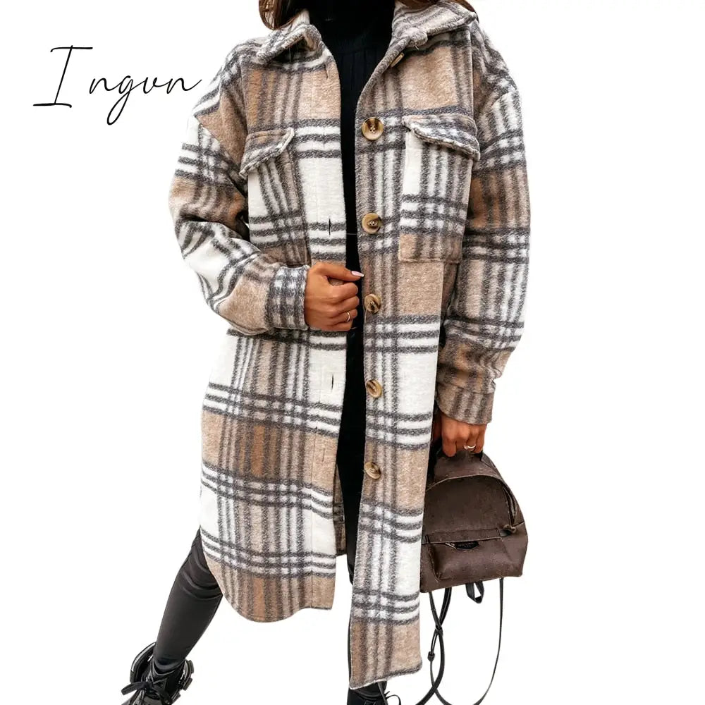 Ingvn - Lapel Single-Breasted Double-Pocket Plaid Coat Khaki / S