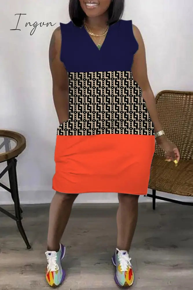 Ingvn - Light Coffee Casual Print Patchwork V Neck Sleeveless Dress Dresses Dresses Midi