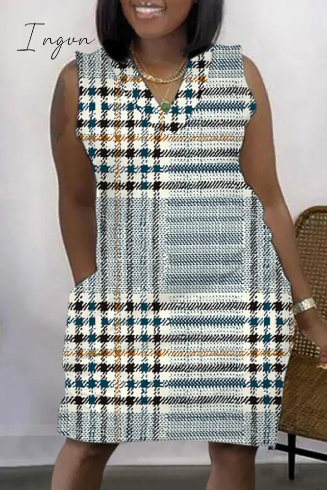 Ingvn - Light Coffee Casual Print Patchwork V Neck Sleeveless Dress Dresses Dresses Midi
