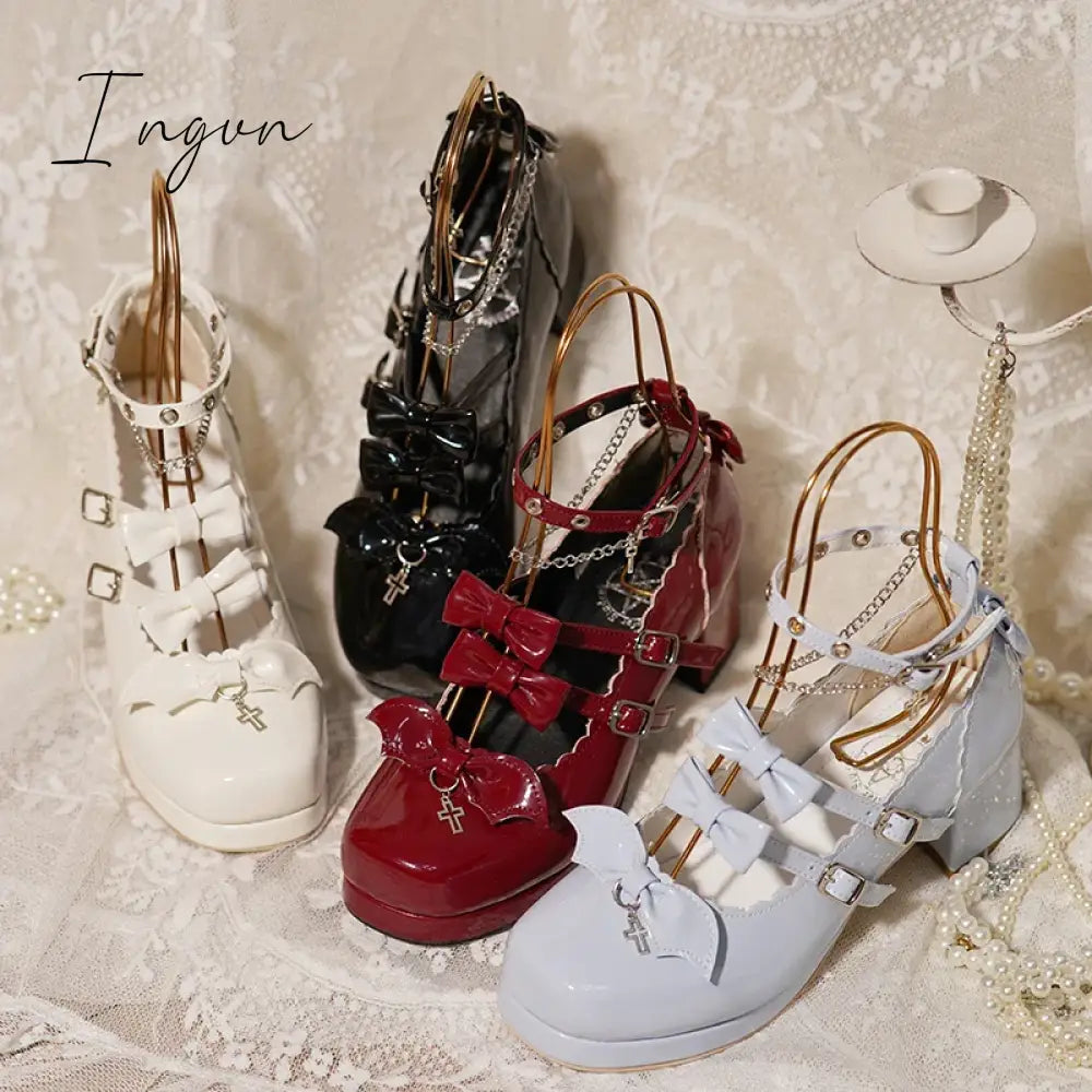 Ingvn - Lolita Sweet Girl Shoes Elegant Square Head High Heel Japanese Leather Cross Little Devil