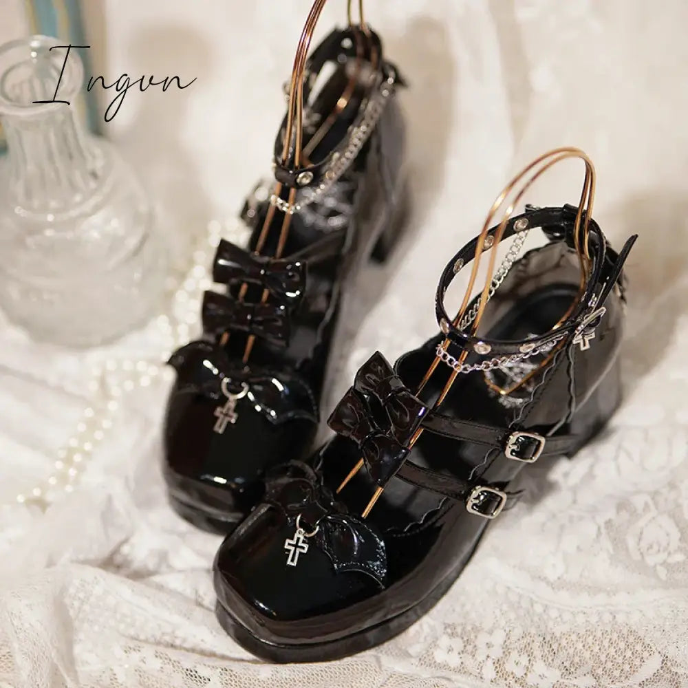 Ingvn - Lolita Sweet Girl Shoes Elegant Square Head High Heel Japanese Leather Cross Little Devil