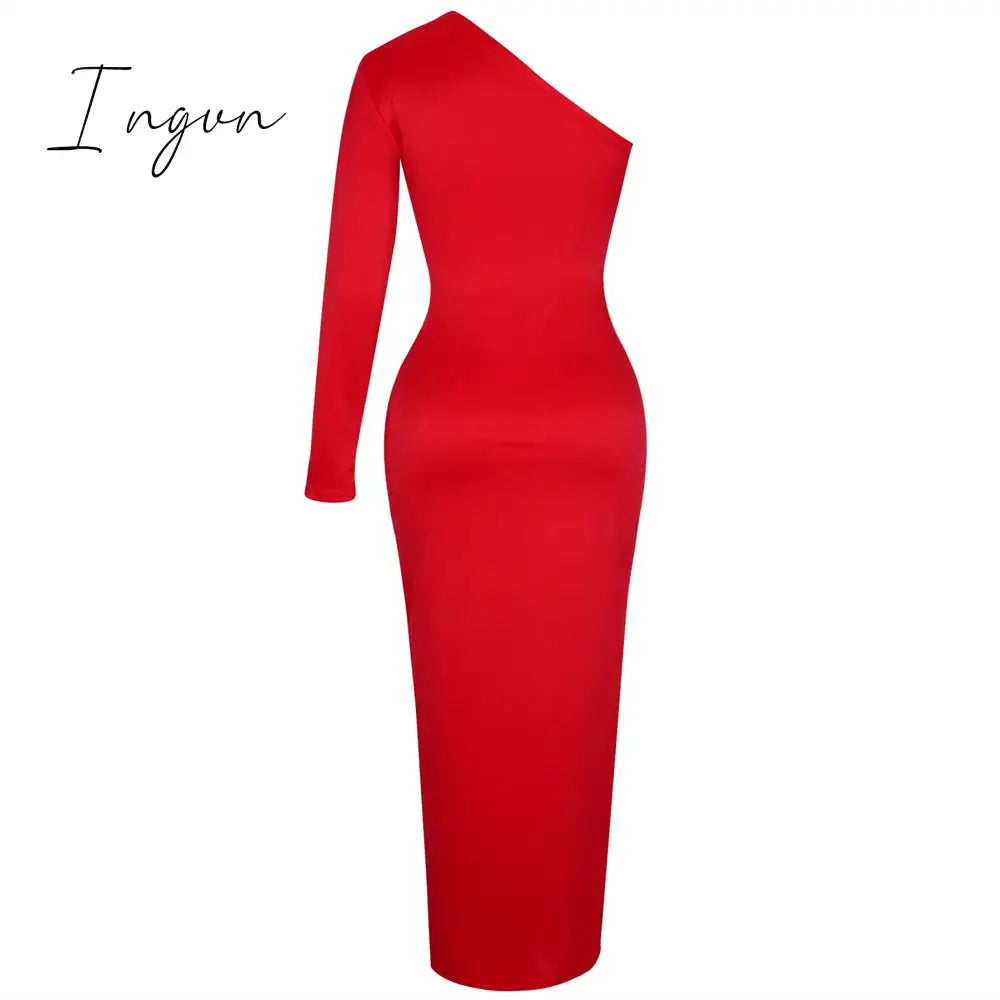 Ingvn - Long Elegant Dresses For Women Summer One Shoulder Maxi Dress Bodycon Sexy Black Slit Fomal
