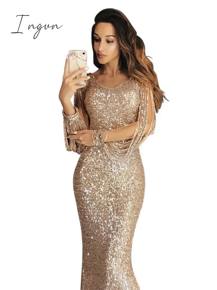 Ingvn - Long Sleeve Sequine Dress For Women Summer Sparkly Gown Ladies Tassel Prom Maxi Dresses