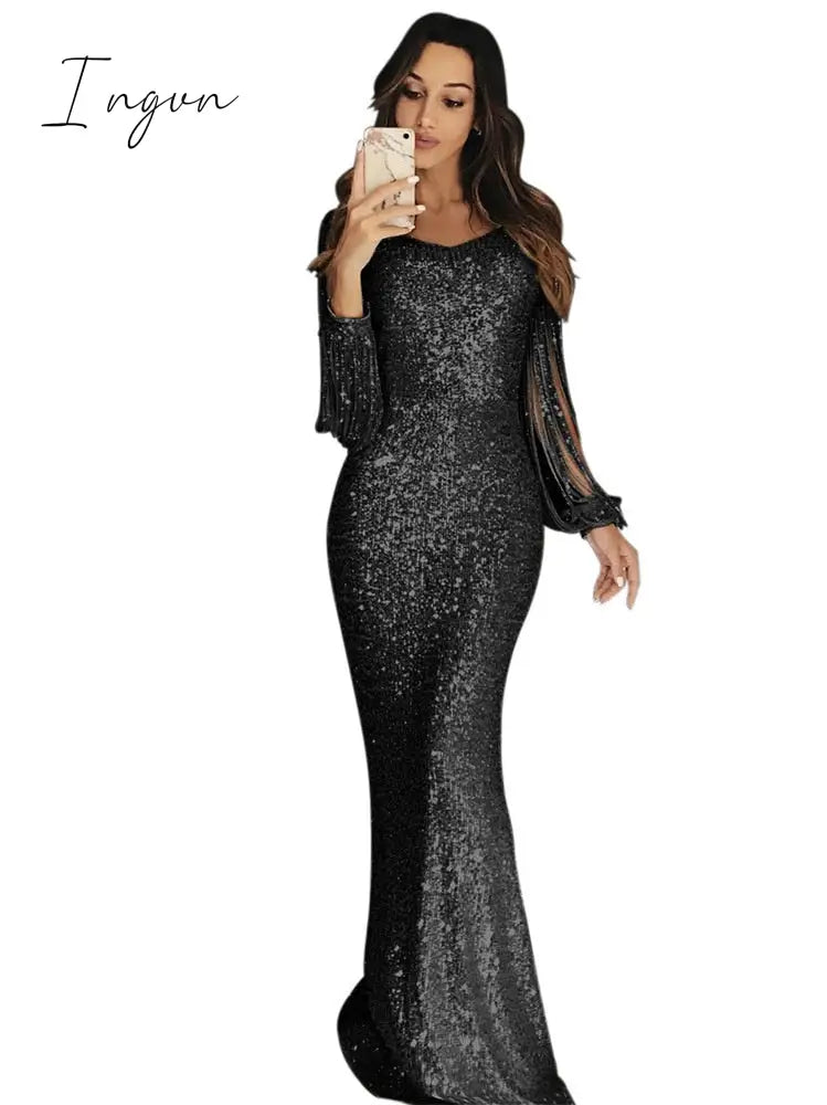 Ingvn - Long Sleeve Sequine Dress For Women Summer Sparkly Gown Ladies Tassel Prom Maxi Dresses