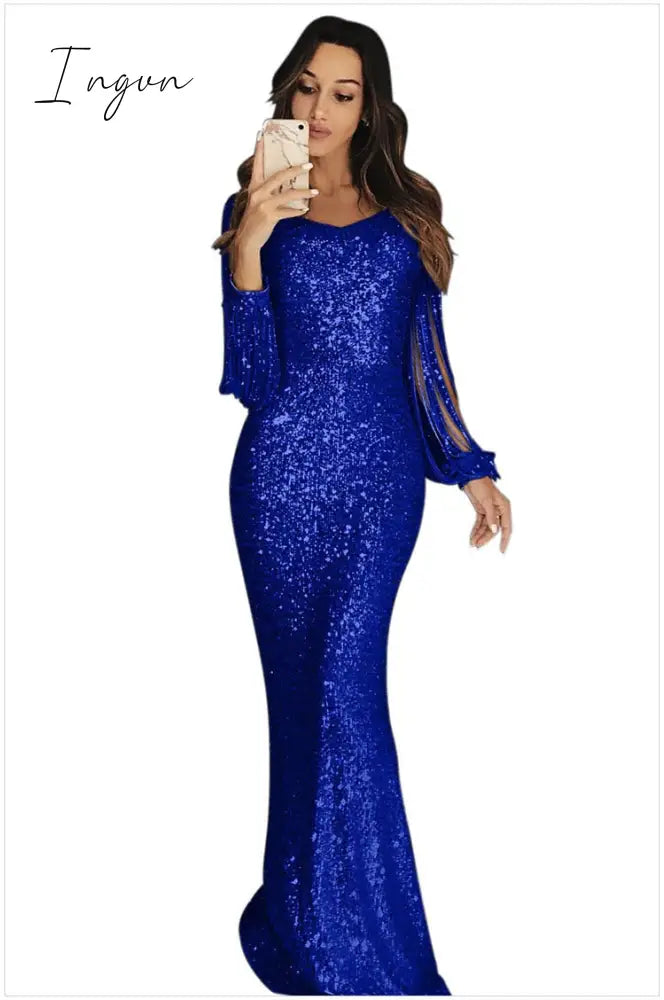 Ingvn - Long Sleeve Sequine Dress For Women Summer Sparkly Gown Ladies Tassel Prom Maxi Dresses