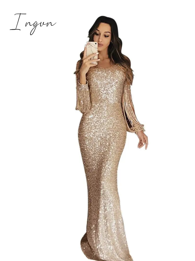 Ingvn - Long Sleeve Sequine Dress For Women Summer Sparkly Gown Ladies Tassel Prom Maxi Dresses