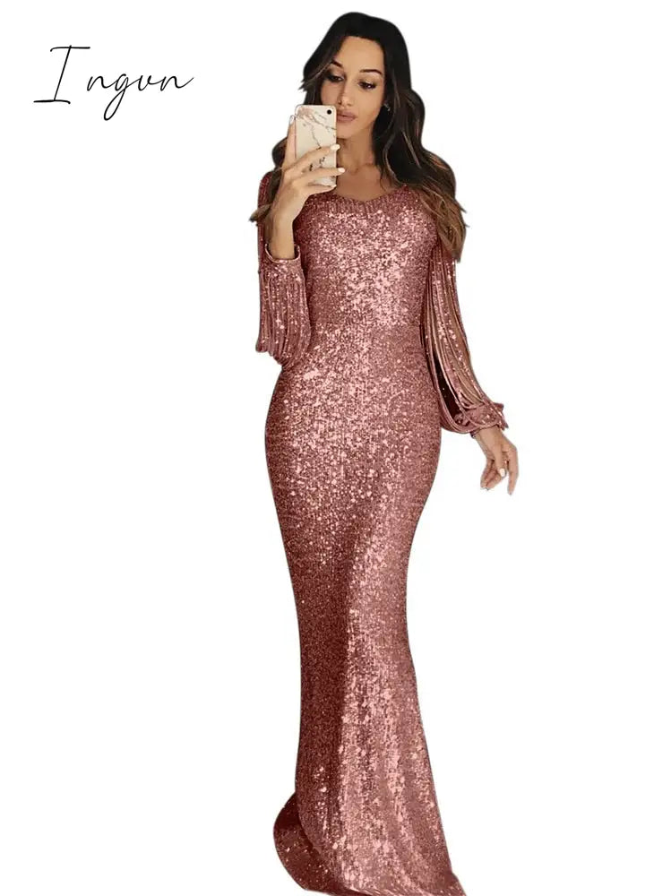 Ingvn - Long Sleeve Sequine Dress For Women Summer Sparkly Gown Ladies Tassel Prom Maxi Dresses