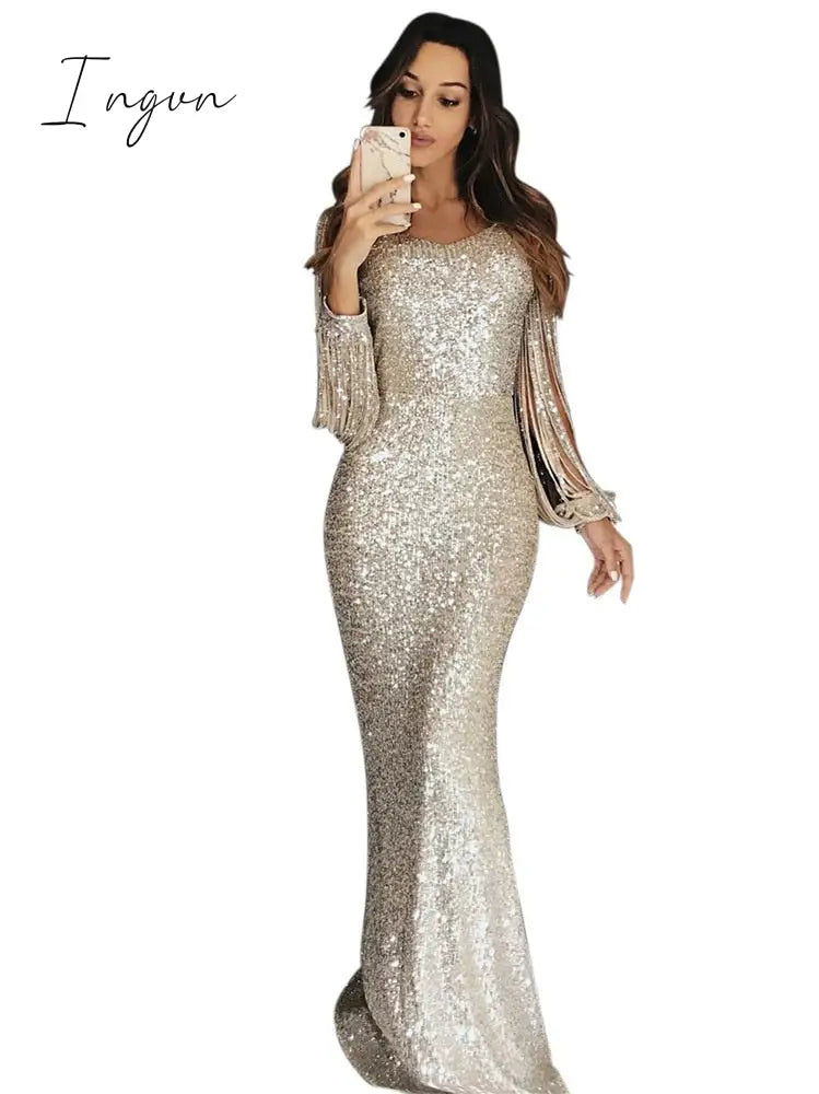 Ingvn - Long Sleeve Sequine Dress For Women Summer Sparkly Gown Ladies Tassel Prom Maxi Dresses