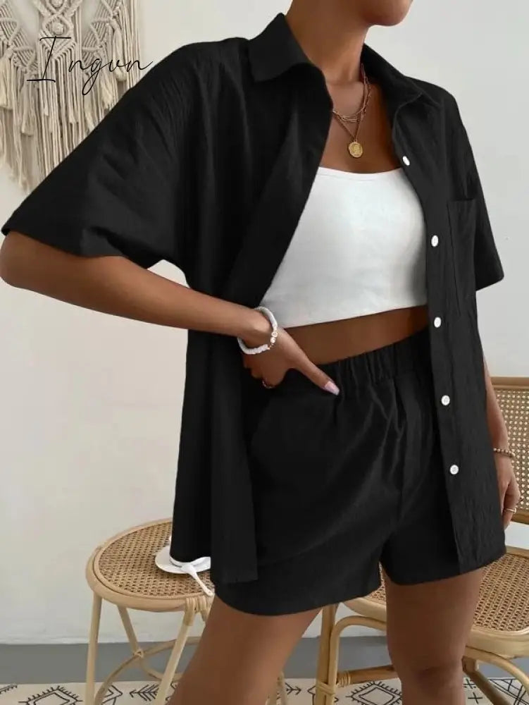 Ingvn - Long Sleeve Single-Breasted Top + Broad-Legged Shorts Set Fashion Ladies Sexy Solid Suits