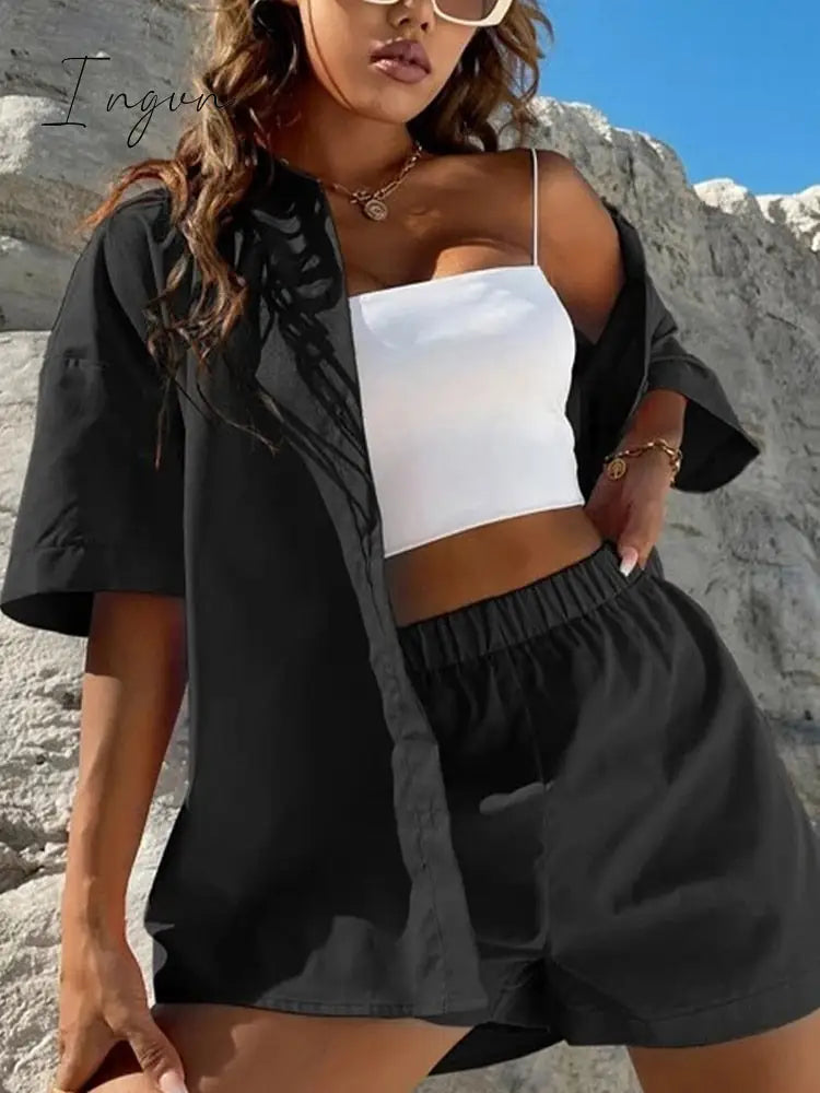 Ingvn - Long Sleeve Single-Breasted Top + Broad-Legged Shorts Set Fashion Ladies Sexy Solid Suits