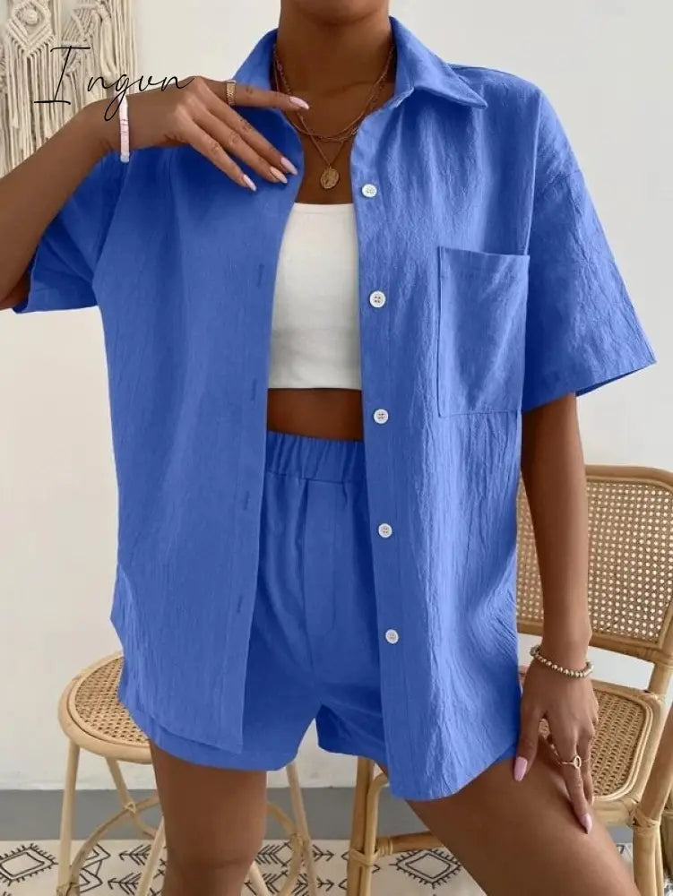 Ingvn - Long Sleeve Single-Breasted Top + Broad-Legged Shorts Set Fashion Ladies Sexy Solid Suits