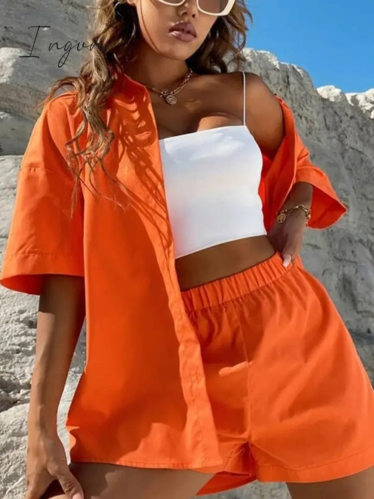 Ingvn - Long Sleeve Single-Breasted Top + Broad-Legged Shorts Set Fashion Ladies Sexy Solid Suits