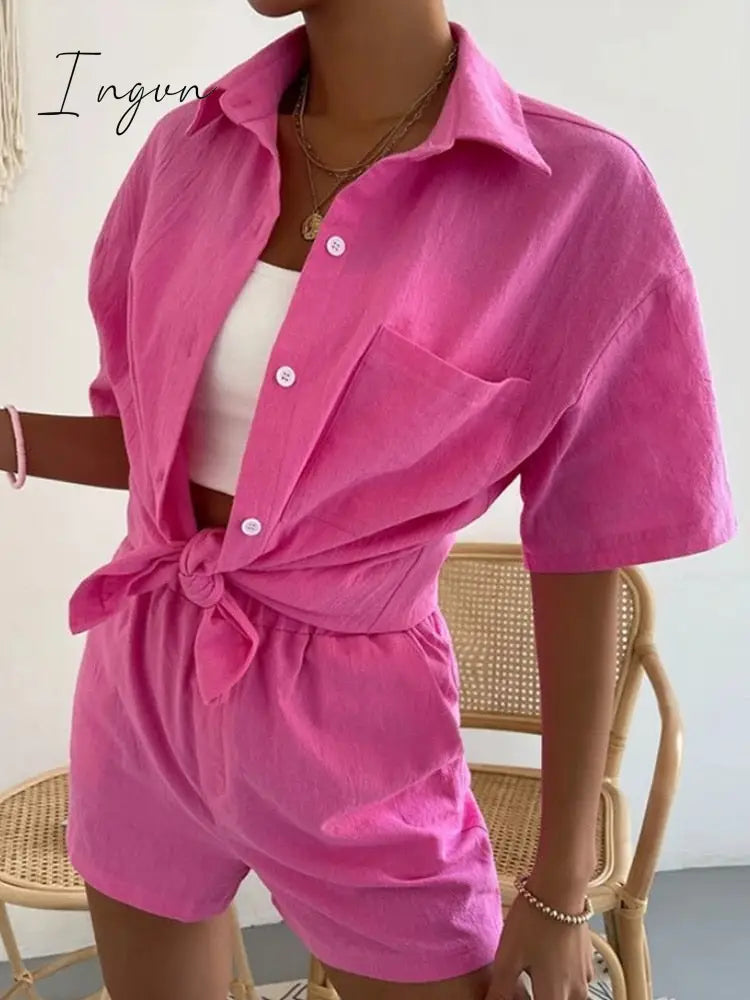 Ingvn - Long Sleeve Single-Breasted Top + Broad-Legged Shorts Set Fashion Ladies Sexy Solid Suits