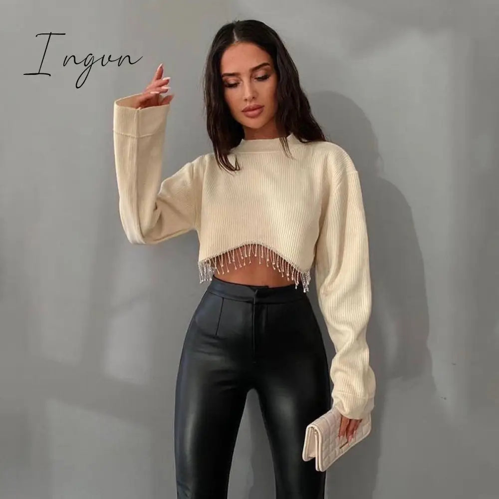 Ingvn - Loose Rhinestone Women Crop Top 2023 Spring Long Sleeve O-Neck Tassel Hem Female T-Shirt