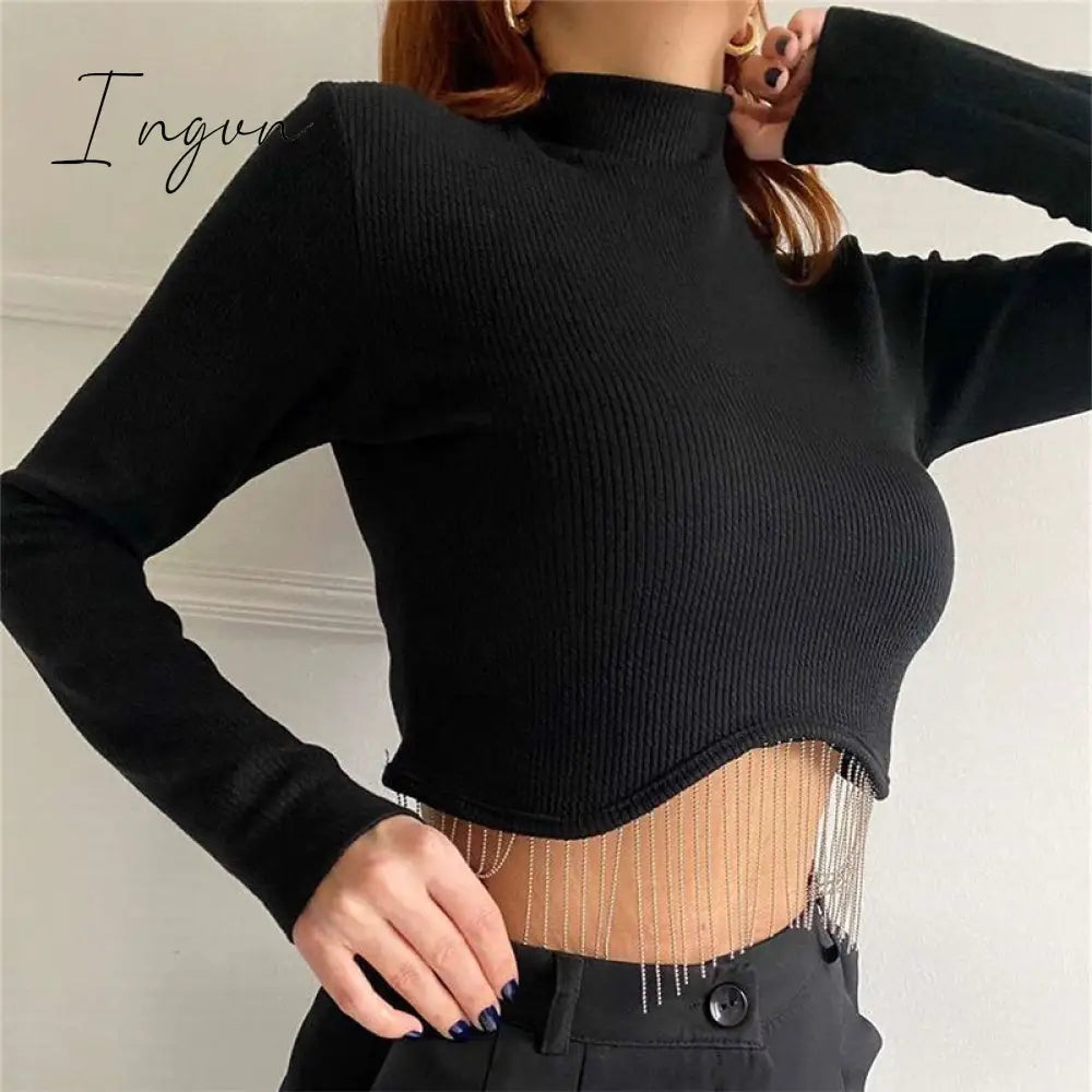 Ingvn - Loose Rhinestone Women Crop Top 2023 Spring Long Sleeve O-Neck Tassel Hem Female T-Shirt