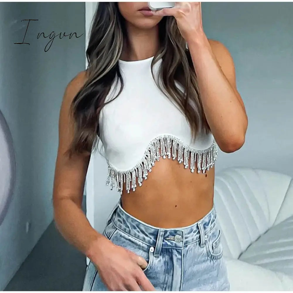 Ingvn - Loose Rhinestone Women Crop Top 2023 Spring Long Sleeve O-Neck Tassel Hem Female T-Shirt