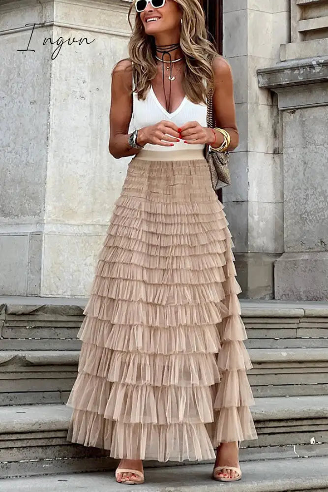 Ingvn - Make A Royal Statement With This Elastic Waist Tulle Skirt Apricot / S/M Bottoms