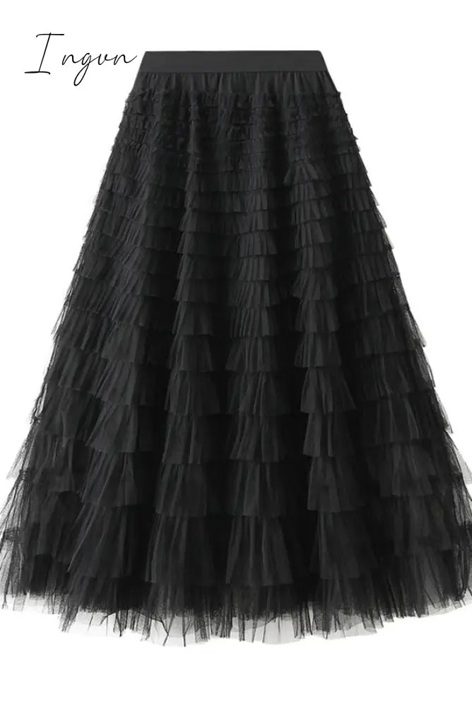 Ingvn - Make A Royal Statement With This Elastic Waist Tulle Skirt Black / S/M Bottoms