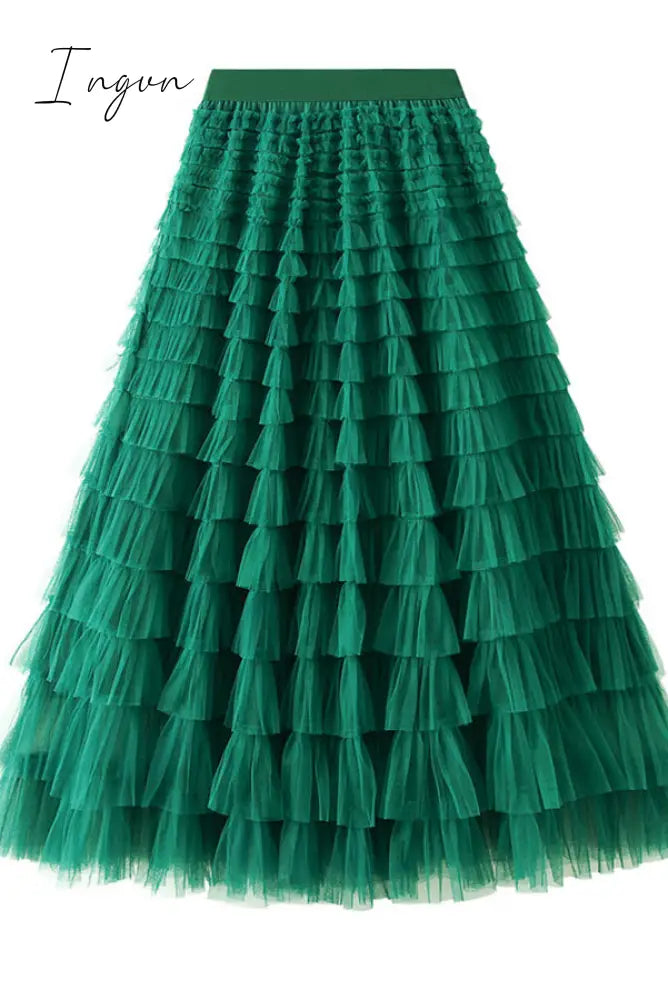 Ingvn - Make A Royal Statement With This Elastic Waist Tulle Skirt Blackish Green / S/M Bottoms