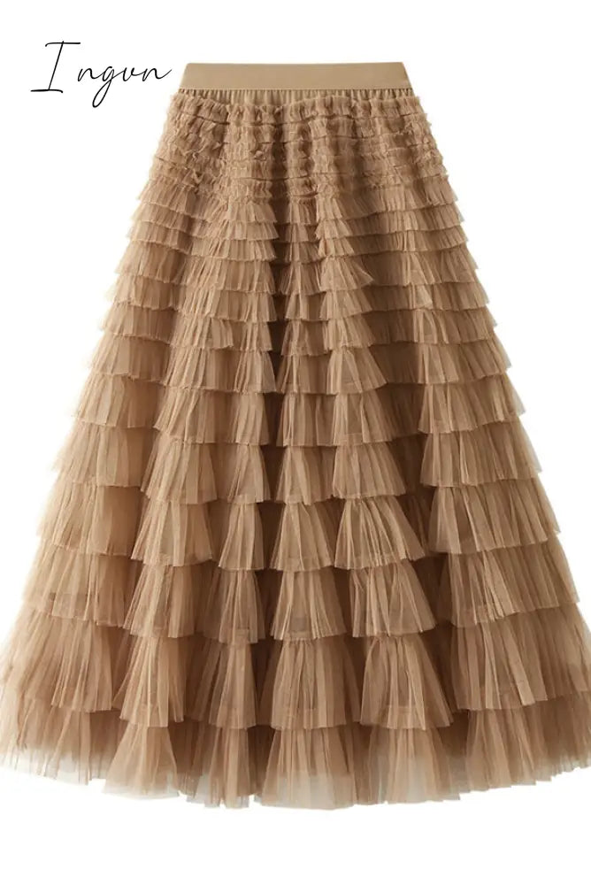 Ingvn - Make A Royal Statement With This Elastic Waist Tulle Skirt Khaki / S/M Bottoms