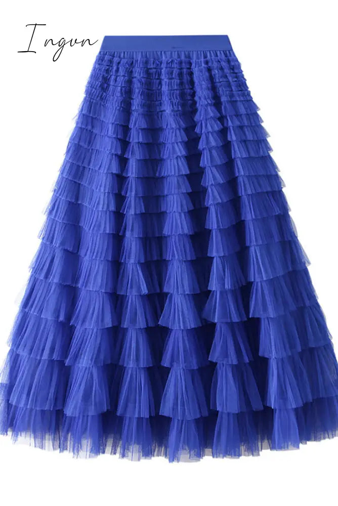Ingvn - Make A Royal Statement With This Elastic Waist Tulle Skirt Navy Blue / S/M Bottoms