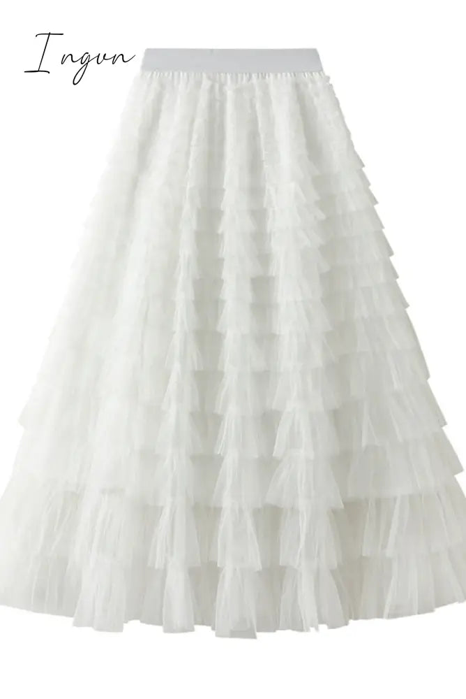 Ingvn - Make A Royal Statement With This Elastic Waist Tulle Skirt White / S/M Bottoms