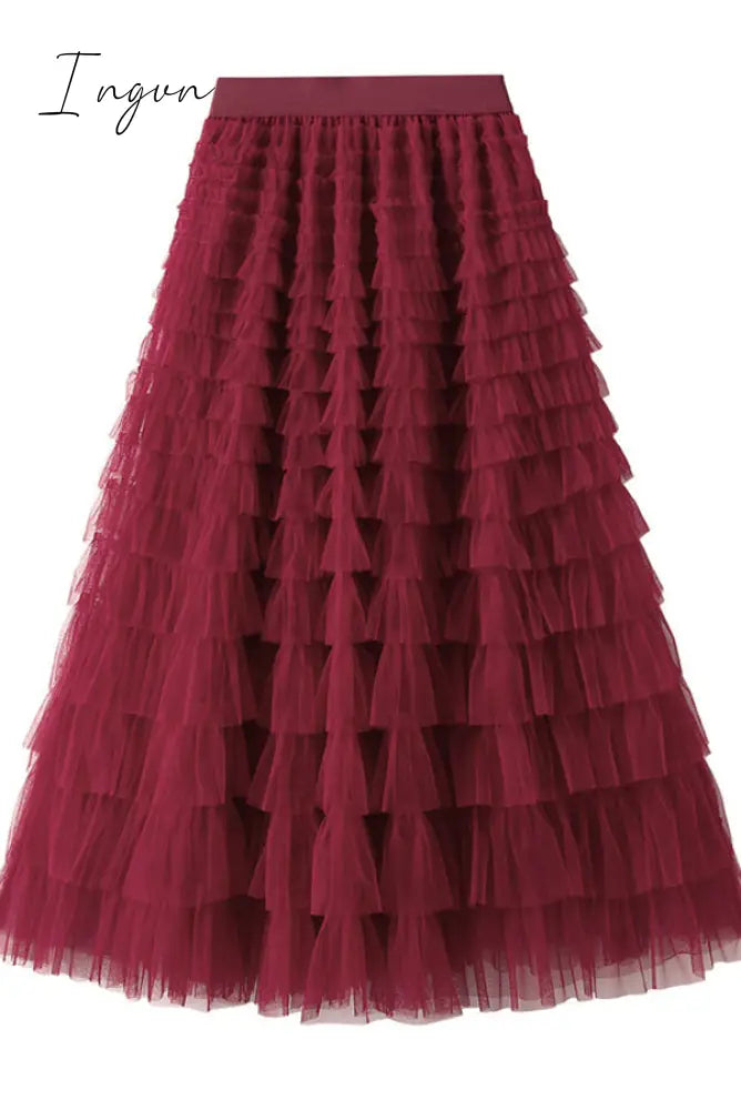 Ingvn - Make A Royal Statement With This Elastic Waist Tulle Skirt Wine Red / S/M Bottoms