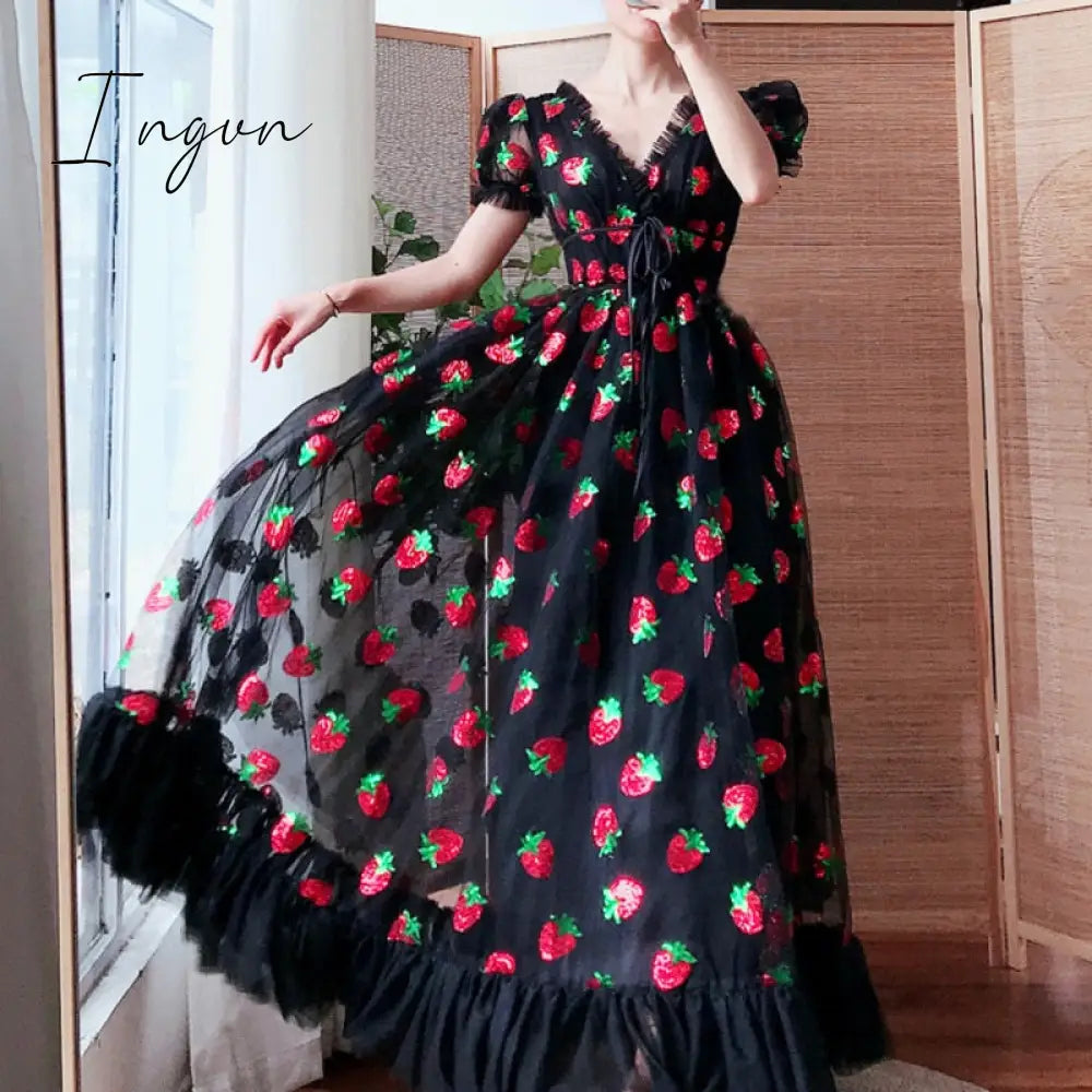 Ingvn - Maxi Dresses For Women Summer Strawberry Dress Plus Size Mesh Robe Sexy Party Club Elegant