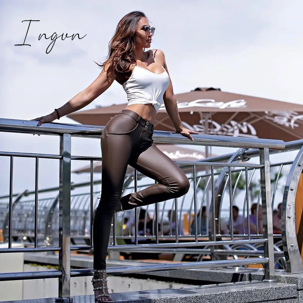 Ingvn - Melody Brown Leather Pants Vintage Trausers Women Leggings Pvc Sexy Comfortable Moto Work