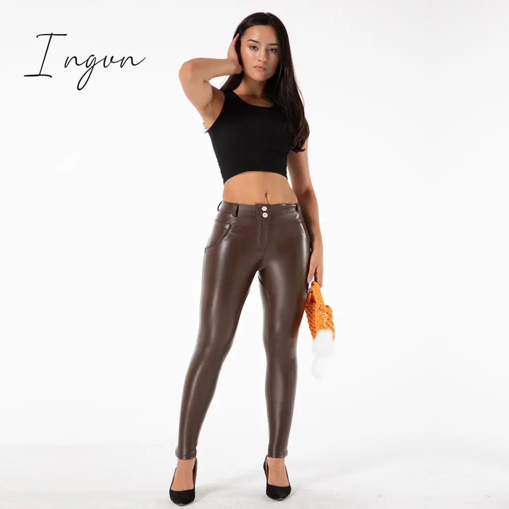 Ingvn - Melody Brown Leather Pants Vintage Trausers Women Leggings Pvc Sexy Comfortable Moto Work