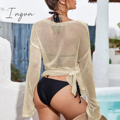 Ingvn - Mesh Women’s Beach Cover Up Sexy Solid Sarong Swimsuit New Long Sleeve Swimwear Women