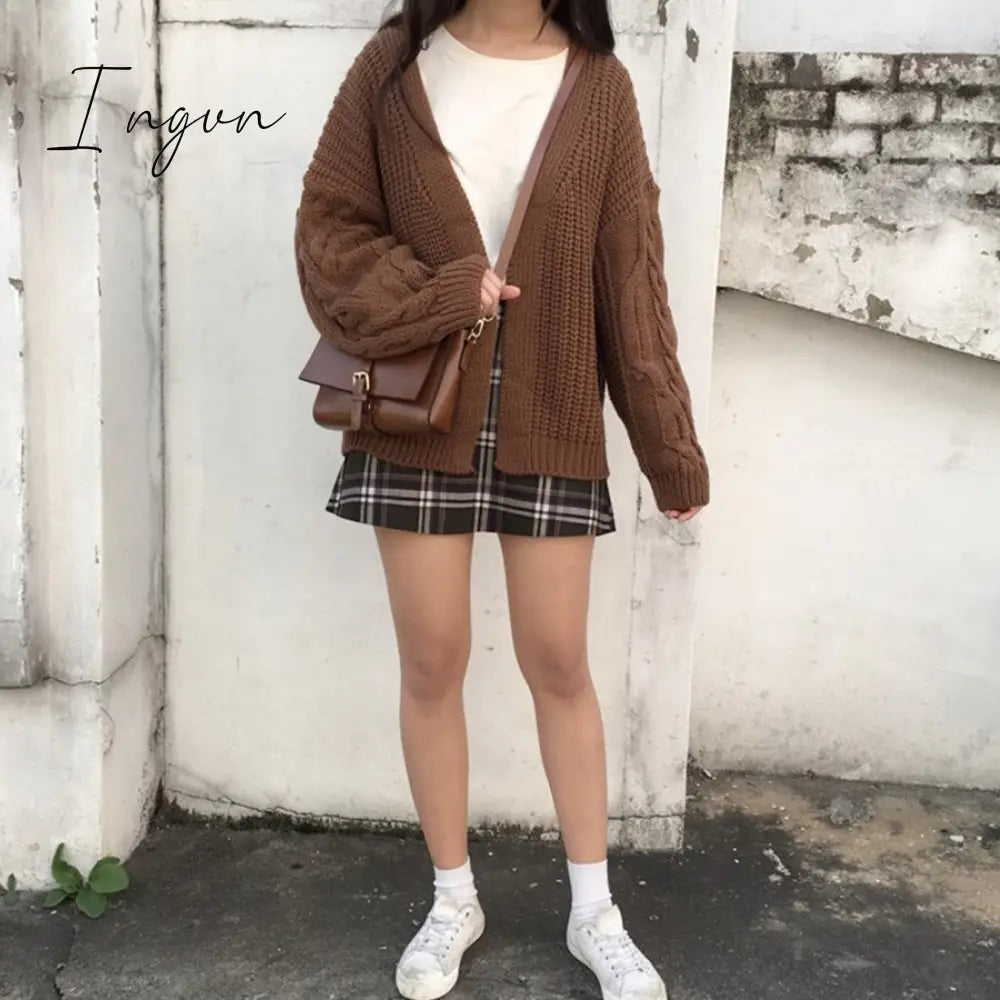 Ingvn - New Autumn Knit Sweater Women Fashion Harajuku Loose Warm Cardigan College Casual Long