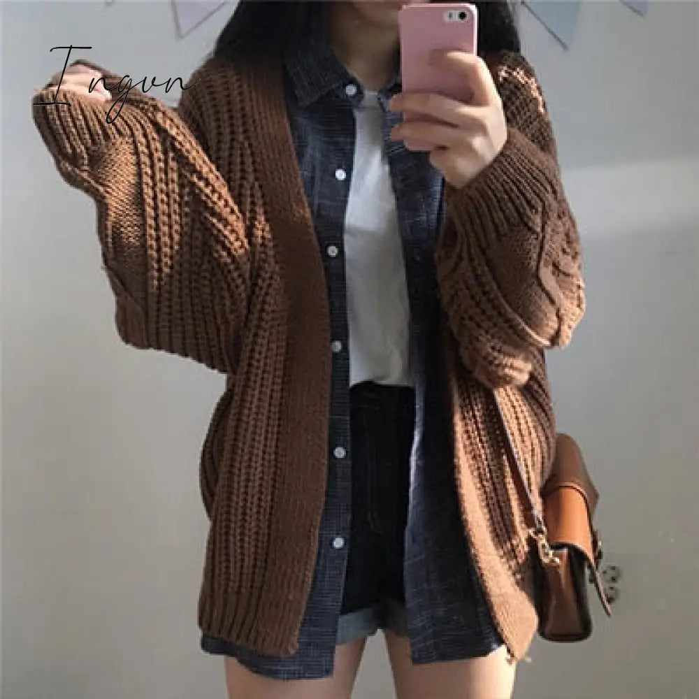 Ingvn - New Autumn Knit Sweater Women Fashion Harajuku Loose Warm Cardigan College Casual Long