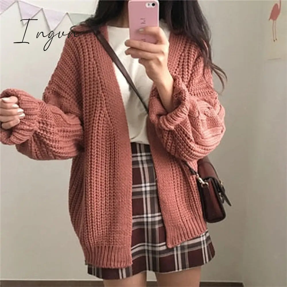 Ingvn - New Autumn Knit Sweater Women Fashion Harajuku Loose Warm Cardigan College Casual Long