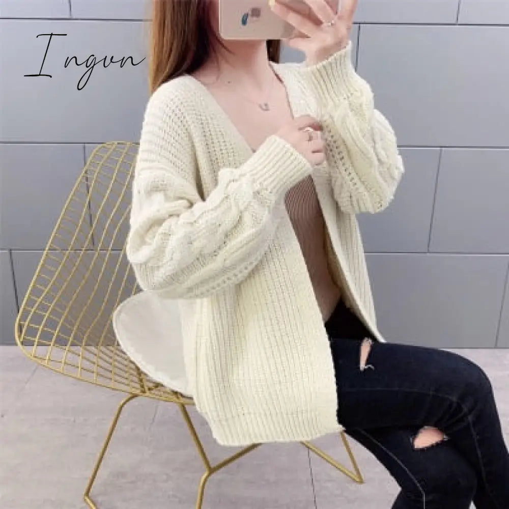 Ingvn - New Autumn Knit Sweater Women Fashion Harajuku Loose Warm Cardigan College Casual Long