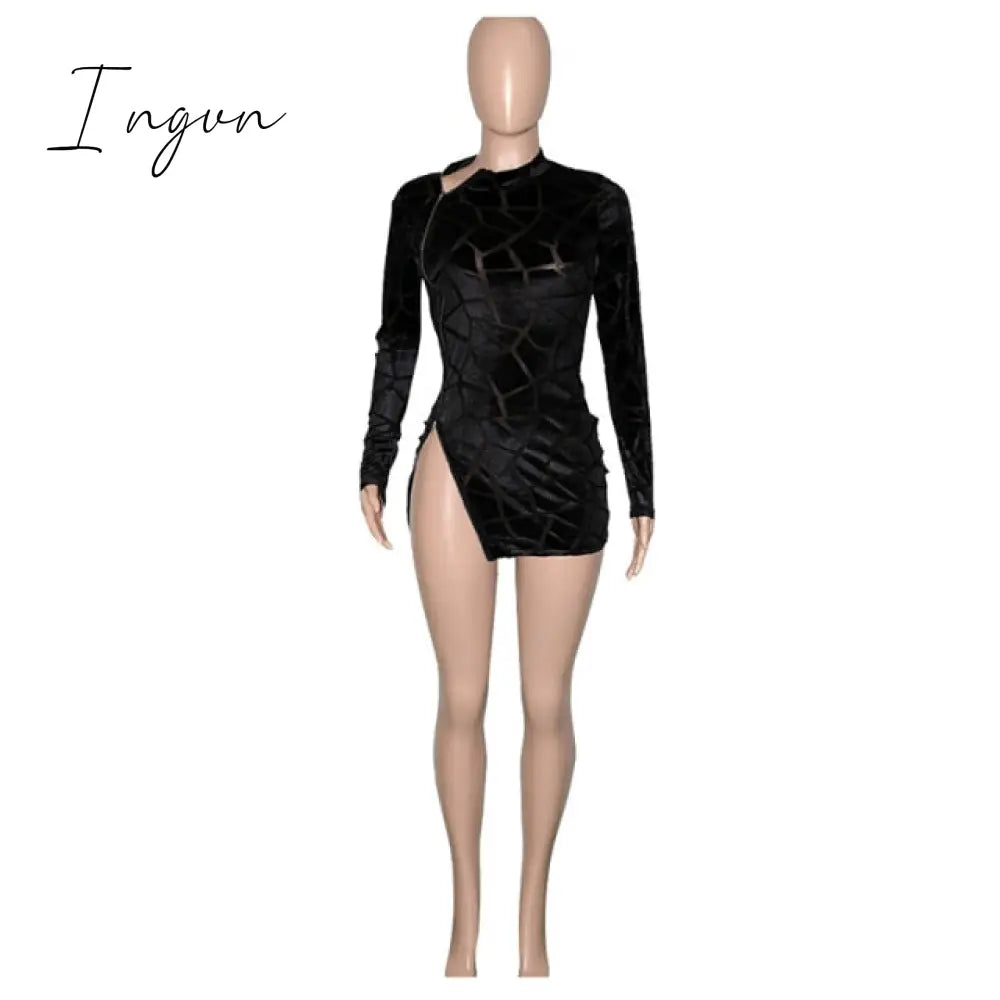 Ingvn - New Chic Zipped Mini Dress(Royal Blue) Womens Long Sleeve Side Slit Skinny Velvet Short