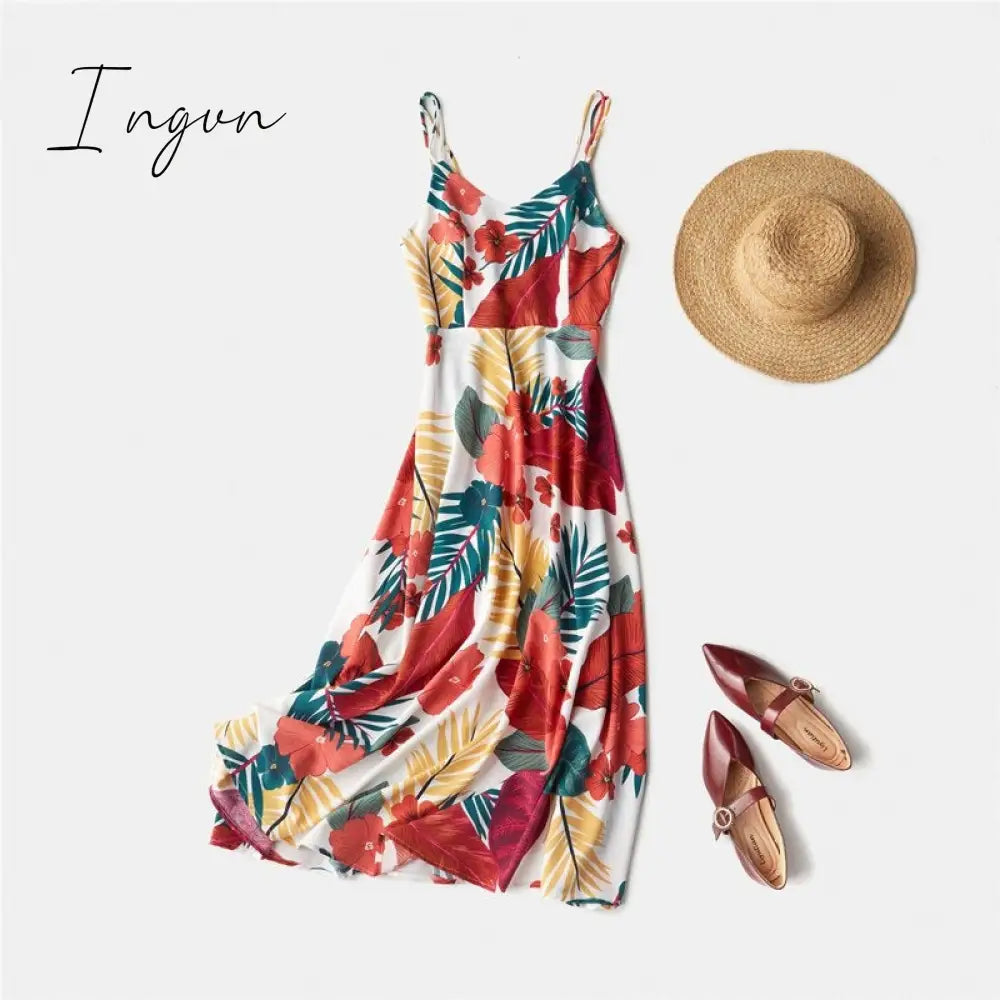 Ingvn - New - Coming Spring Summer Holiday Long Dress Cross Spaghetti Strap Open Back Beach Style