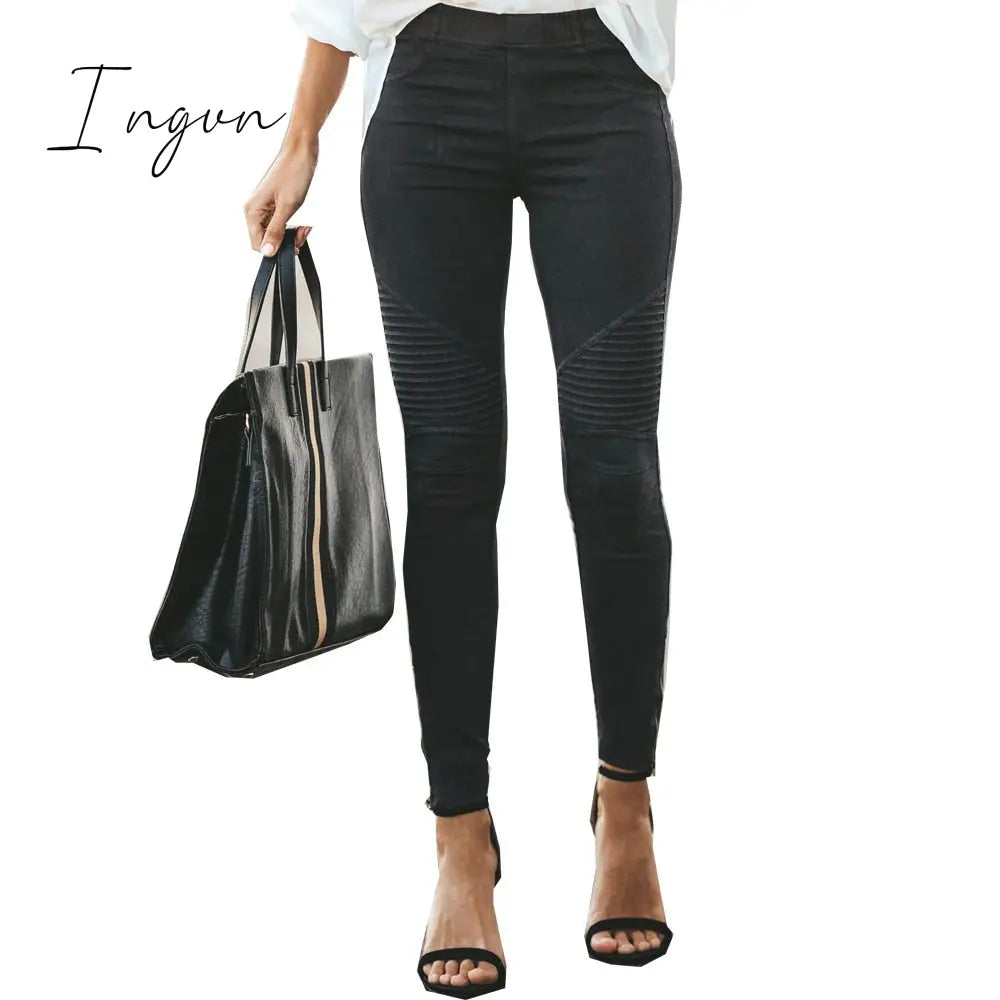 Ingvn - New Fashion Casual Solid Color Elastic Skinny Pants For Women Black / S