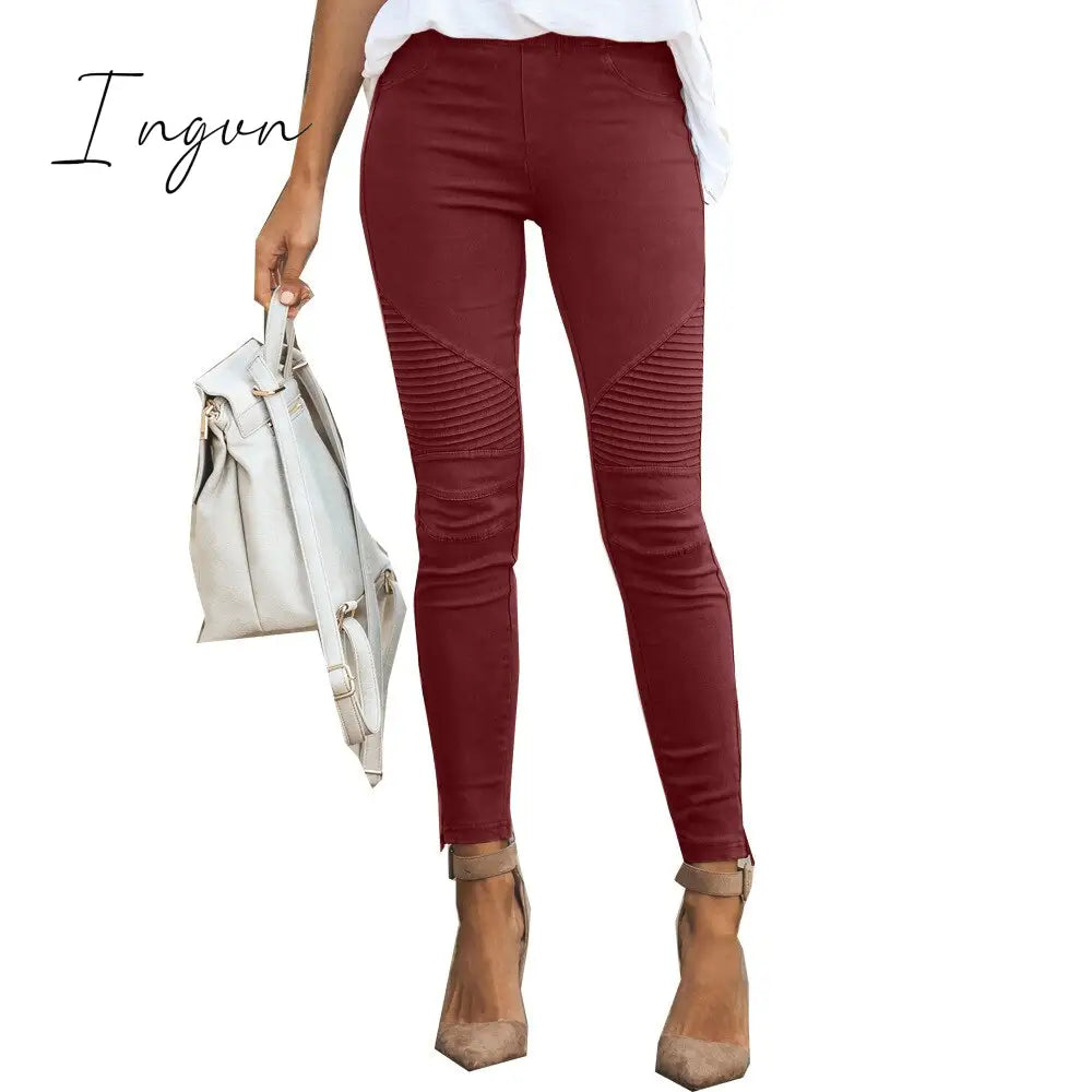 Ingvn - New Fashion Casual Solid Color Elastic Skinny Pants For Women Claret / S