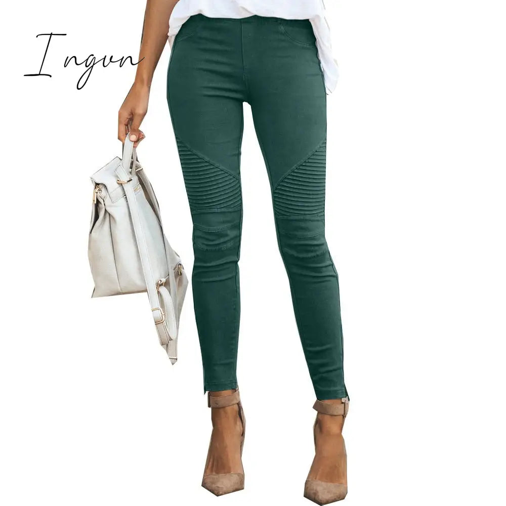 Ingvn - New Fashion Casual Solid Color Elastic Skinny Pants For Women Green / S