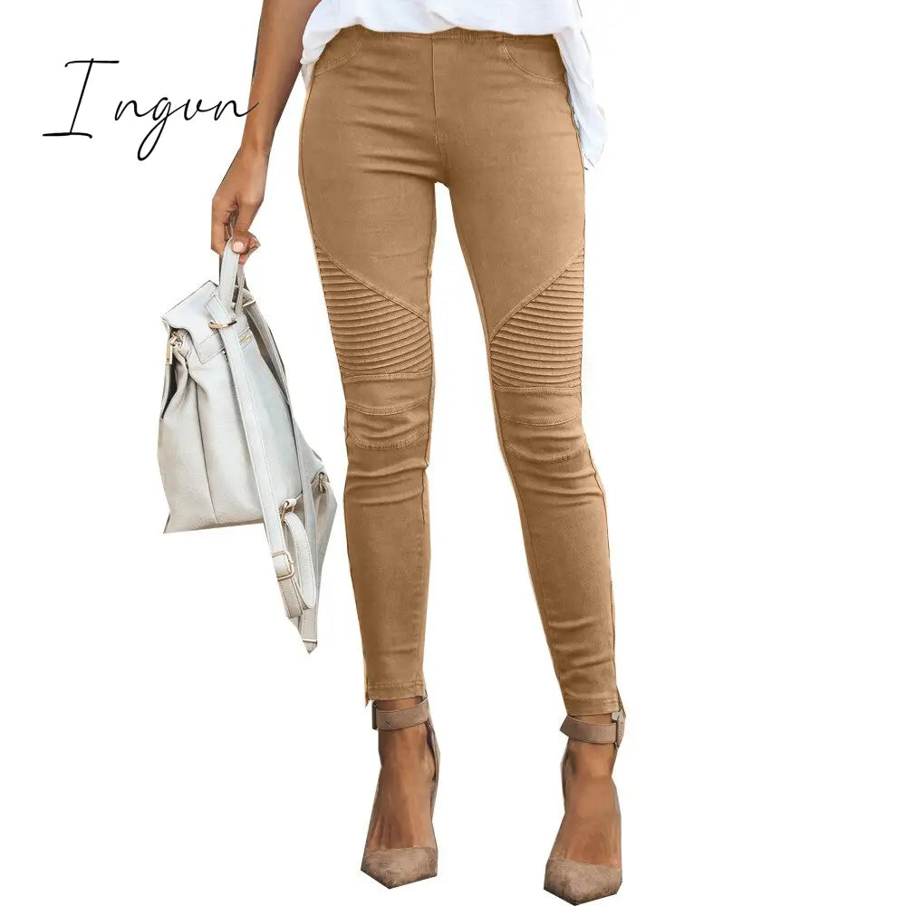 Ingvn - New Fashion Casual Solid Color Elastic Skinny Pants For Women Khaki / S