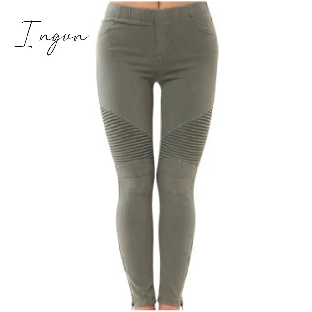 Ingvn - New Fashion Casual Solid Color Elastic Skinny Pants For Women Light Green / S