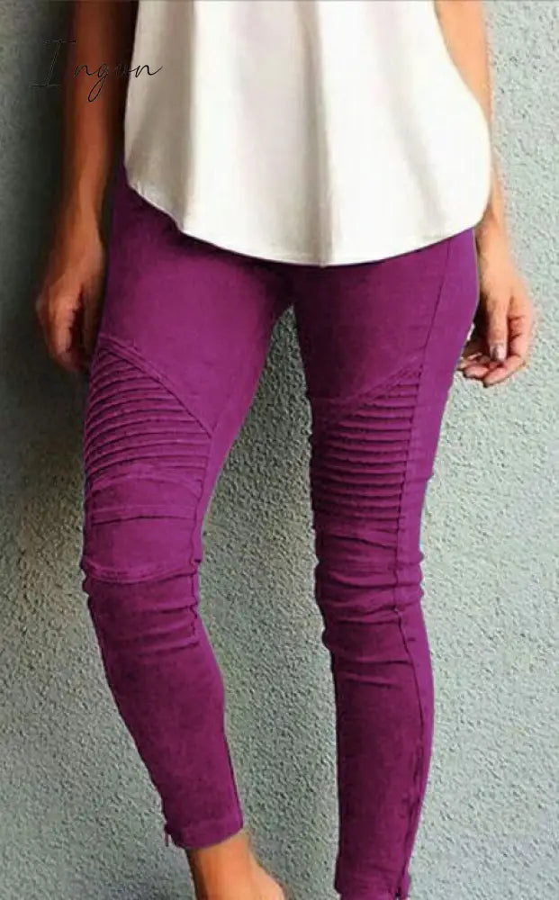 Ingvn - New Fashion Casual Solid Color Elastic Skinny Pants For Women Purple / S