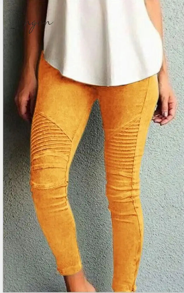 Ingvn - New Fashion Casual Solid Color Elastic Skinny Pants For Women Yellow / S