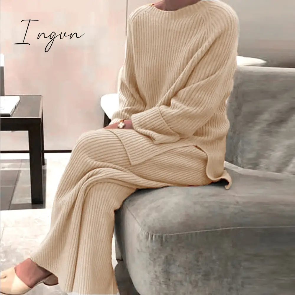 Ingvn - New Fashion Homewear Women Soft 2 Piece Set Autumn Winter Solid O Neck Pullover Tops