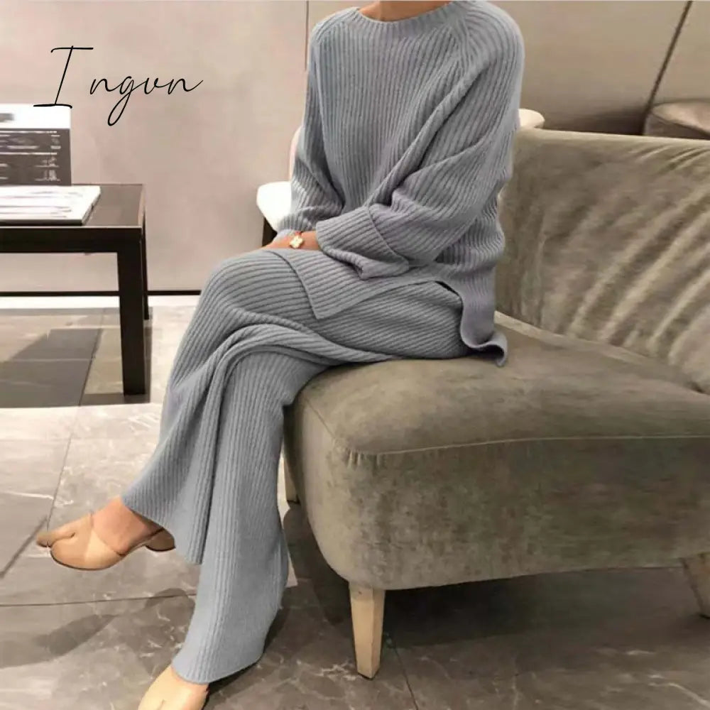 Ingvn - New Fashion Homewear Women Soft 2 Piece Set Autumn Winter Solid O Neck Pullover Tops