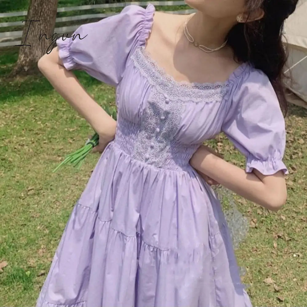 Ingvn - New Fashion Women Purple Elegantes Long Dress Cottage Core Vintage Women’s Wear Aesthetic