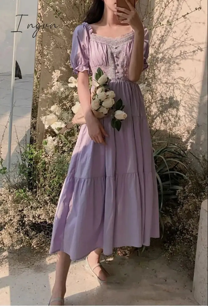 Ingvn - New Fashion Women Purple Elegantes Long Dress Cottage Core Vintage Women’s Wear Aesthetic